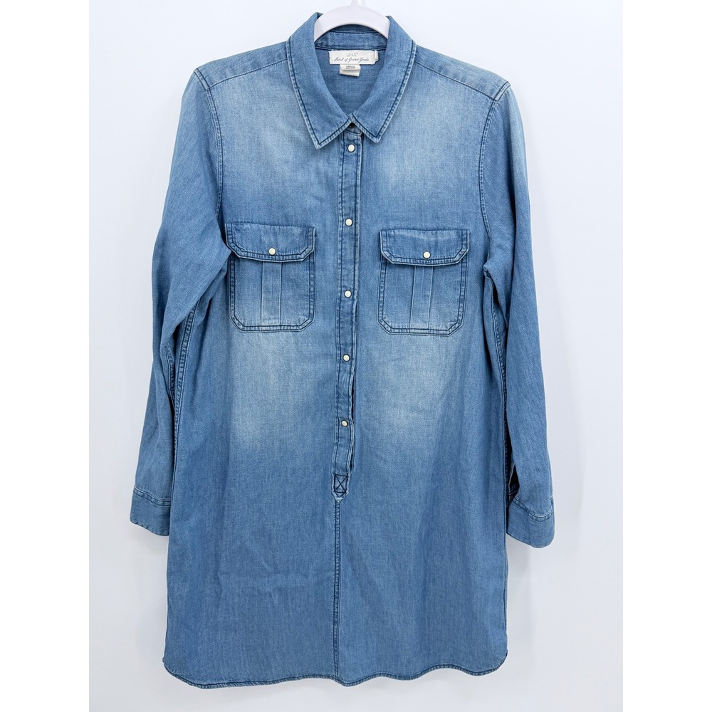 L.O.G.G. H&M Denim Shirt Dress Women Size 12 Blue Long Sleeve Snap Button Cotton